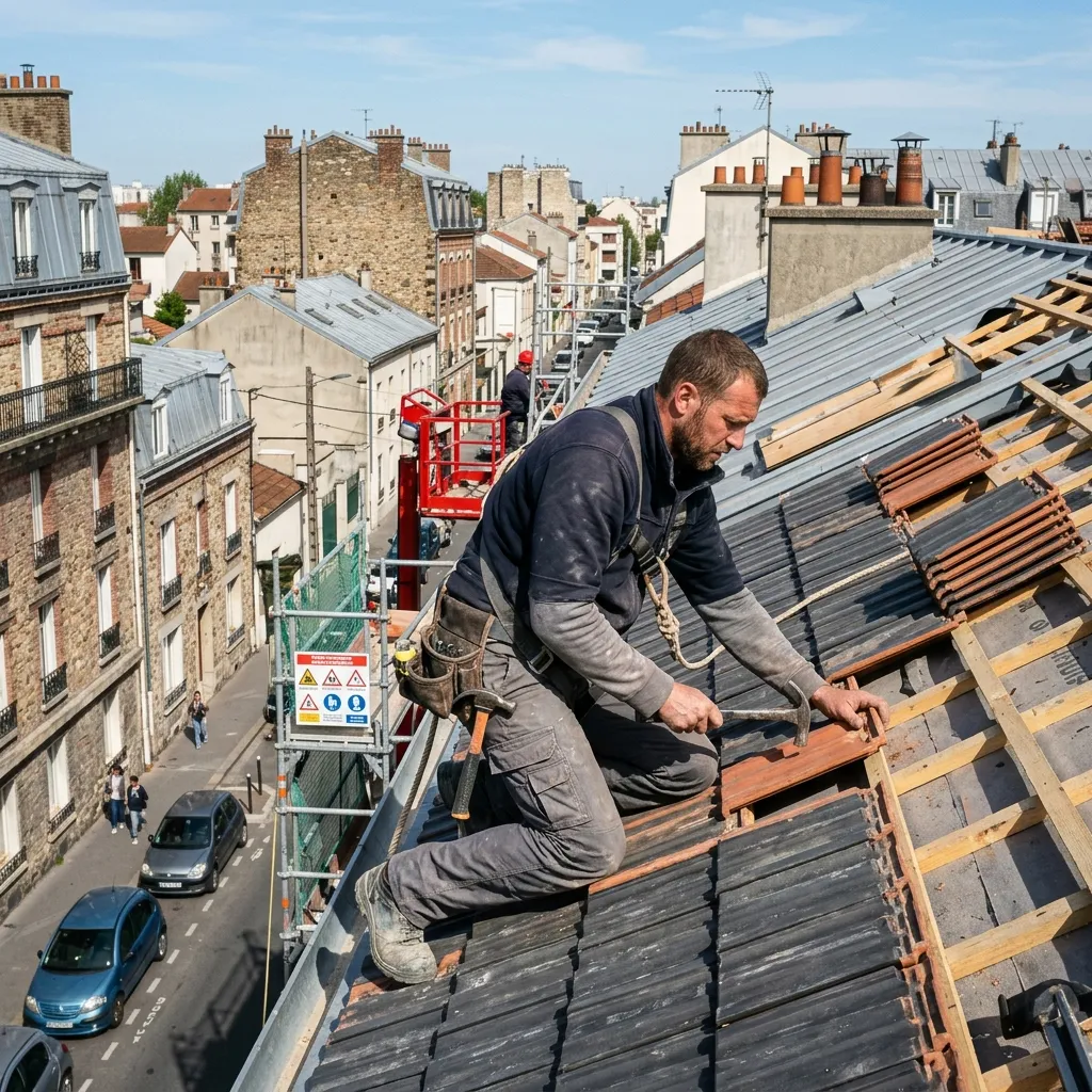 Artisan couvreur sur un toit à Aulnay-sous-Bois