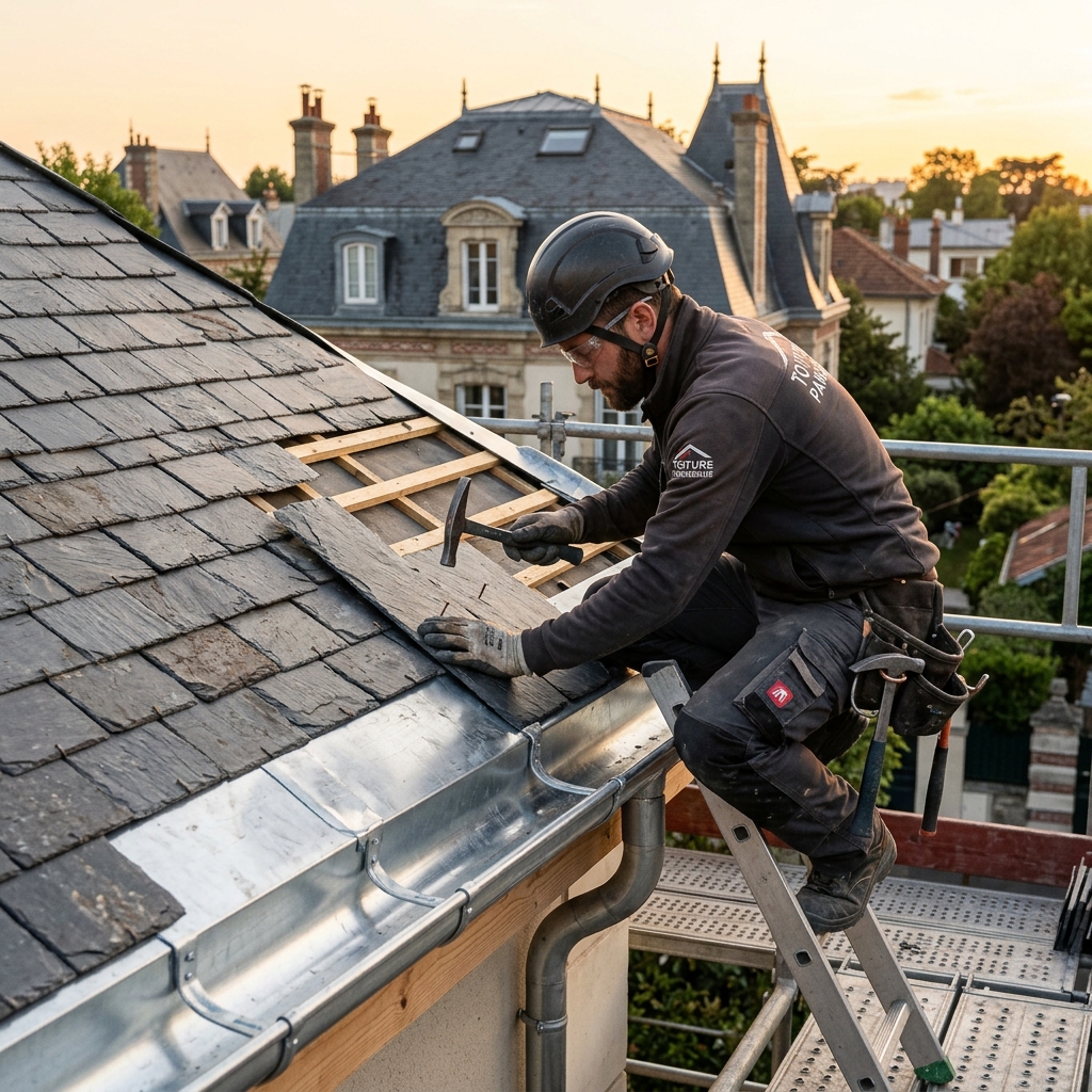 Couvreur Aulnay-sous-Bois rénovation toiture ardoise avec gouttières zinc